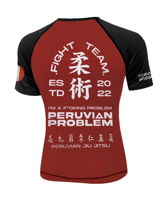 BLACK AND RED PERUVIAN PROBLEM FIGHT TEAM SHORT SLEEVE RASH GUARD