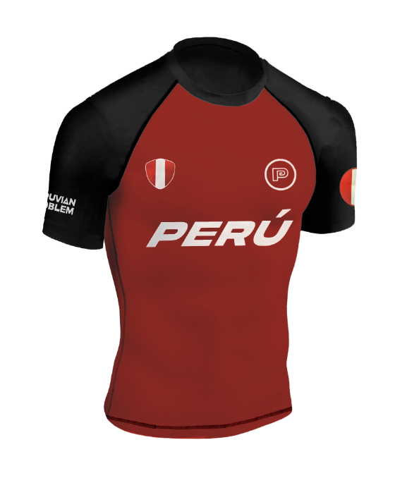BLACK AND RED PERUVIAN PROBLEM FIGHT TEAM SHORT SLEEVE RASH GUARD